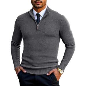 Men's Slim Fit Quarter Zip Pullover Sweater, Knit Mock Neck Polo Gray Sweater